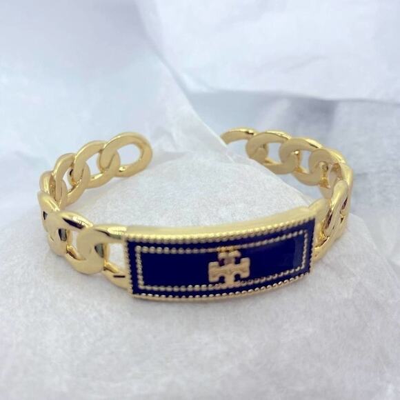 NWOT Tory Burch Chain Link Black,Gold Cuff Bangle Bracelet - Picture 2 of 8